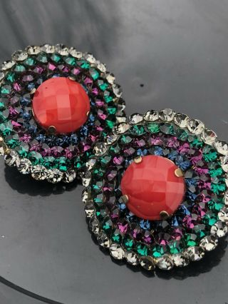Multi Color Red Blue Green Purple Rhinestone Vintage Pierced Earrings