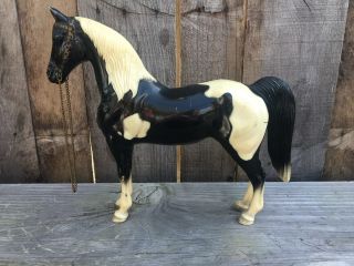 Vintage Usa Black & White Painted Horse With Chain Reins