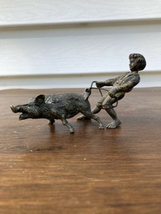 Vintage Bronze Statue Figurine Boy With Pig Boar