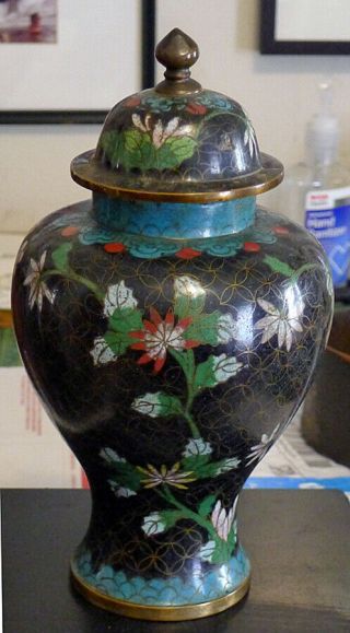Antique Chinese Black Cloisonne Ginger Jar Vase W/lid/impressed China Mark