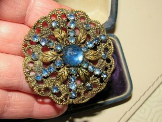 Vintage Art Deco Jewellery Czech Filigree Sapphire Blue Paste Brooch Shawl Pin