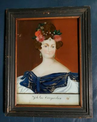 19th C.  German Reverse Painting On Glass Of Young Woman " I 