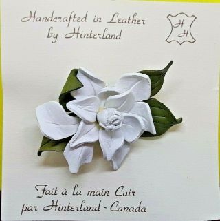 Hinterland White Rose Flower Brooch Handcrafts Leather Vtg Retro Fashion