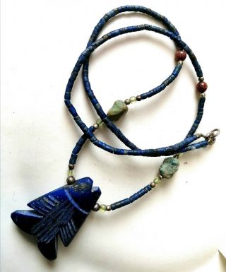 Vintage Lapis Lazuli Carved Necklace Sterling Silver And Gold Stone Beads