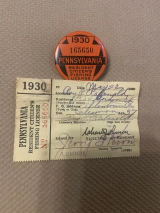 1930 Pa Pennsylvania Fishing License W Matching Paper