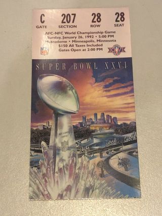 1992 Bowl Xxvi Ticket Stub Washington Redskins Buffalo Bills