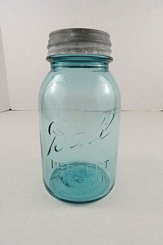 Htf 13 Old Vintage Blue Glass Ball Quart Canning Jar W/zinc Cap Lid Moonshine