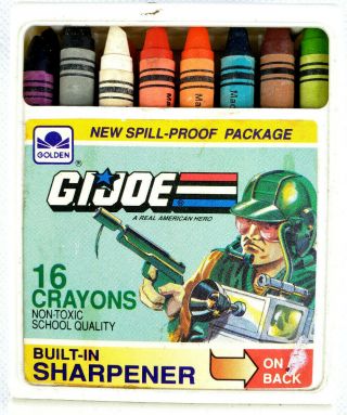 Vintage 1989 Golden G.  I.  Joe 16 Crayons & Spill Proof Package & Sharpener
