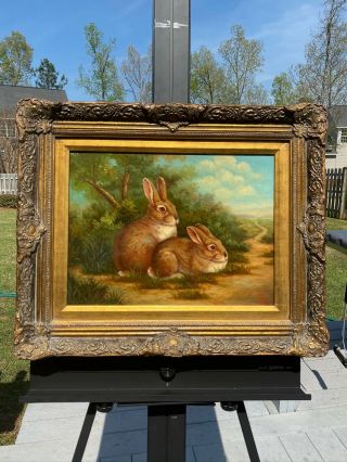 Vintage Oil Painting Of Two Bunnies Singed Ella Gold Frame Small Nick