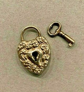 Antique Gold Fill F & B Repousse Heart Padlock Charm Bracelet Catch W Key Bin
