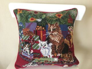 Vintage Square Wool Velvet Needlepoint Pillow Cover & Insert Cat Christmas