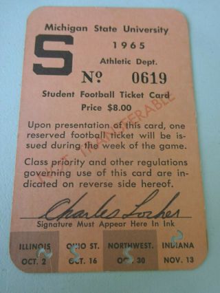 1965 Michigan State Football Student Season Ticket,  No 1 Year,  Charles Locker