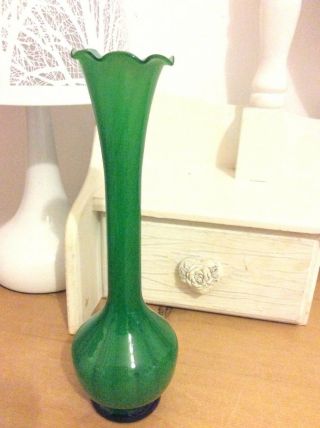 Vintage Century Dark Green & White Glass Fluted Bud Stem Vase