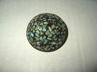 Vintage Signed Made In India Artisan Brass & Turquoise Inlay Domed Brooch Pin