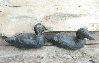 Grouping Of (2) Vintage Primitive Carved Wooden Duck Decoys Folk Art