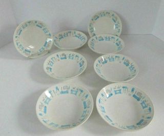 Set Of 8 Retro Vintage " Blue Heaven " Royal China Berry Desert Bowls Aqua - Gray