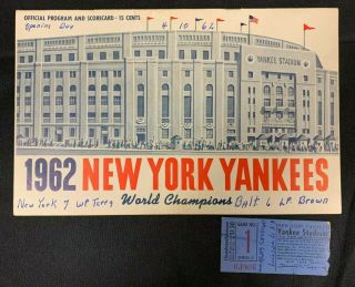 1962 Ny Yankees Vs Baltimore Orioles Baseball Program/score Card Scored W/ticket