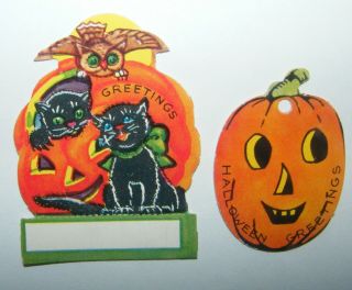 2 Vtg 40s Halloween Die Cut Gift Tags Candy Box Labels Pumpkin Jol Black Cat Owl