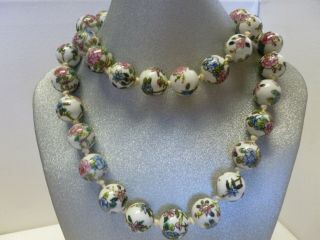 Vintage Hand Painted Floral Design White Glass Hand Knotted Bead Necklace
