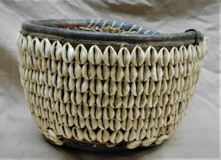 Old Antique? African Hausa Handwoven Basket - Cowrie Shells - Leather - Yoruba