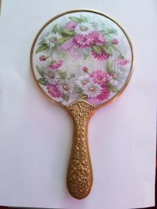 Antique Victorian Vanity Mirror With Porcelain Floral Vine Deco Brass Hand Held