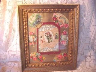 Antique Victorian Valentine Whimsy Diorama Diecut Trade Cards Wood Gesso Frame