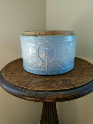 Antique Blue White Salt Glaze Stoneware Pottery Daisy & Butterfly Butter Crock