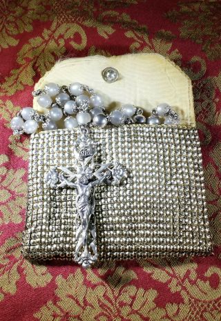 Vintage (antique?) Creed Sterling Silver Rosary Prayer Beads W/ Beaded Bag,