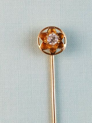 Antique 14k Yellow Gold Floral Stick Pin With 15 Point Cushion Cut Diamond