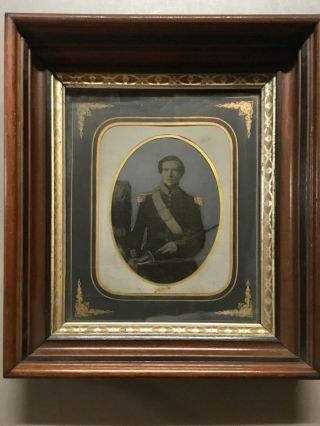 Antique 19th Century Folk Art Hand Painted Military Portrait In Frame