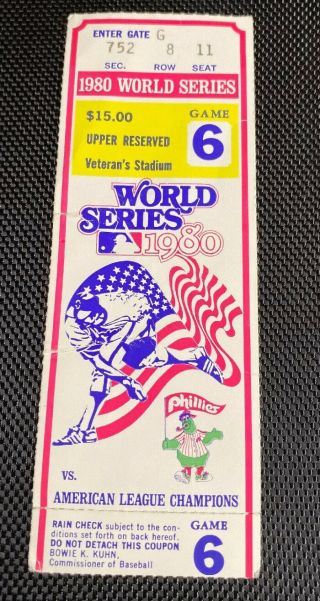 Philadelphia Phillies 1980 World Series Ticket Stub - Game 6 Series Win 10/21/80
