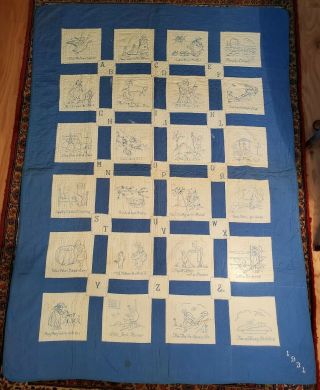 Antique Alphabet 1931 Nursery Rhymes Handmade Hand Stitched Blue & White Quilt