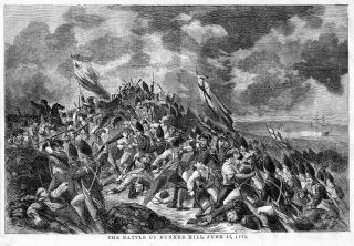 Battle Of Bunker Hill 1858 Antique Engraving Revolutionary War History Flags