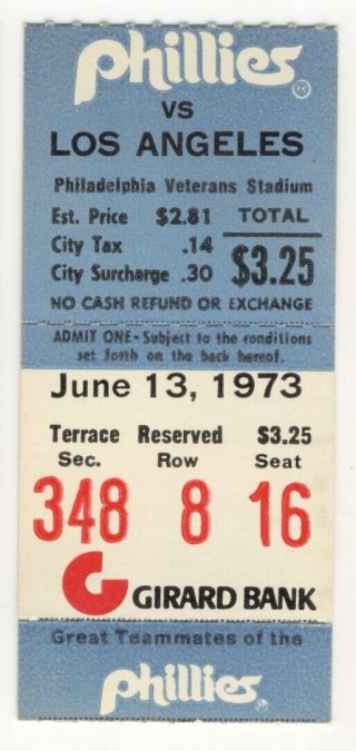 Phillies Ticket Stub 1973 Vs Dodgers