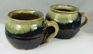 2 Studio Pottery Mugs Signed Vintage Brown Grey Blue Glaze Coffee Soup Chili