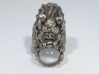 Antique Chinese Or Indian Sterling Silver Dragon Ring With Moonstone Size 6.  5