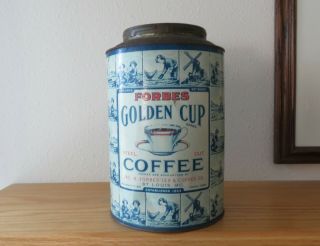 Antique Forbes Golden Cup Coffee Tin Can For 3 Pounds Windmill Motif