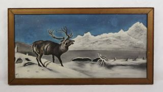 Antique Oil Painting Winter Landscape Scene Caribou Elk Deer Snowy River