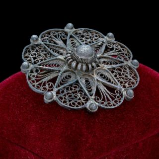 Antique Vintage Nouveau Sterling Silver Filigree Flower Floral Dome Pin Brooch