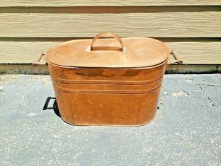 Vintage Antique Primitive Copper Boiler Wash Tub Pot With Lid Wood Handles