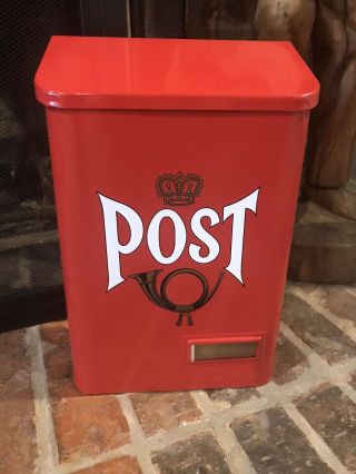 Swedish Red Metal Post Mail Box Crown Vintage Farmhouse