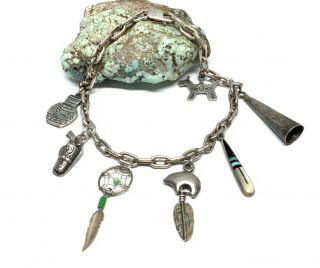 Vintage Southwest Native American Sterling Silver Assorted Charms 7.  5” Bracelet