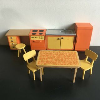 Vintage Lundby Dollhouse Complete Orange Kitchen Set 1972 Ex