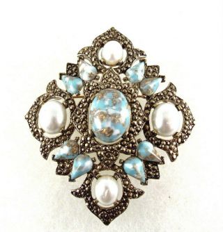 Vintage Sarah Coventry Brooch Pin Faux Turquoise Pearl Remembrance 1968