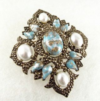 Vintage Sarah Coventry Brooch Pin Faux Turquoise Pearl Remembrance 1968 2