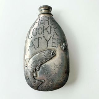 1800’s Victorian Hip Flask Silver Metal Flask Fishing Motif