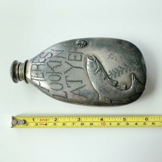 1800’s Victorian Hip Flask Silver Metal Flask Fishing Motif 3