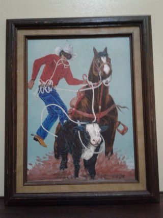 Vintage Art/painting,  Rodeo/western Scene/nursery Decor,  Calf Roping,  Cowboy,  Horse