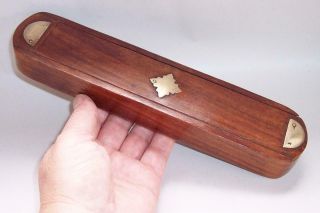 Vintage Teak Wooden Pencil Box With Sliding Lid & Brass Decoration Desktop Item