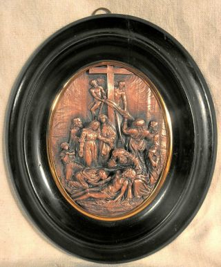 Antique French Framed Copper Plaque Of The Descent From The Cross.